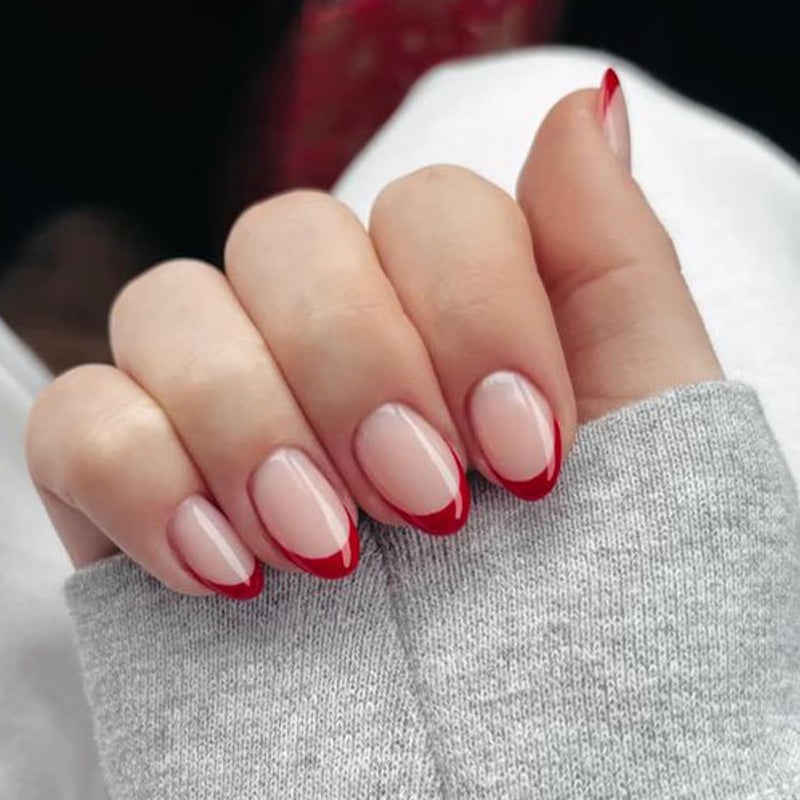 modelones Red French Tip Press on Nails Short, Valentines Oval Fake Nails, Reusable Nail Kit with Nail Glue Adhesive Tabs Mini Nail File, Nails Press Ons 32Pcs 16Sizes, Women Girl Gift - Image 1